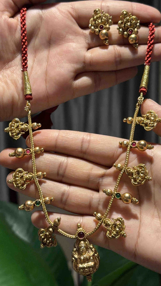 Lakshmi Motif Temple Necklace Set with Thread Chain.C -202