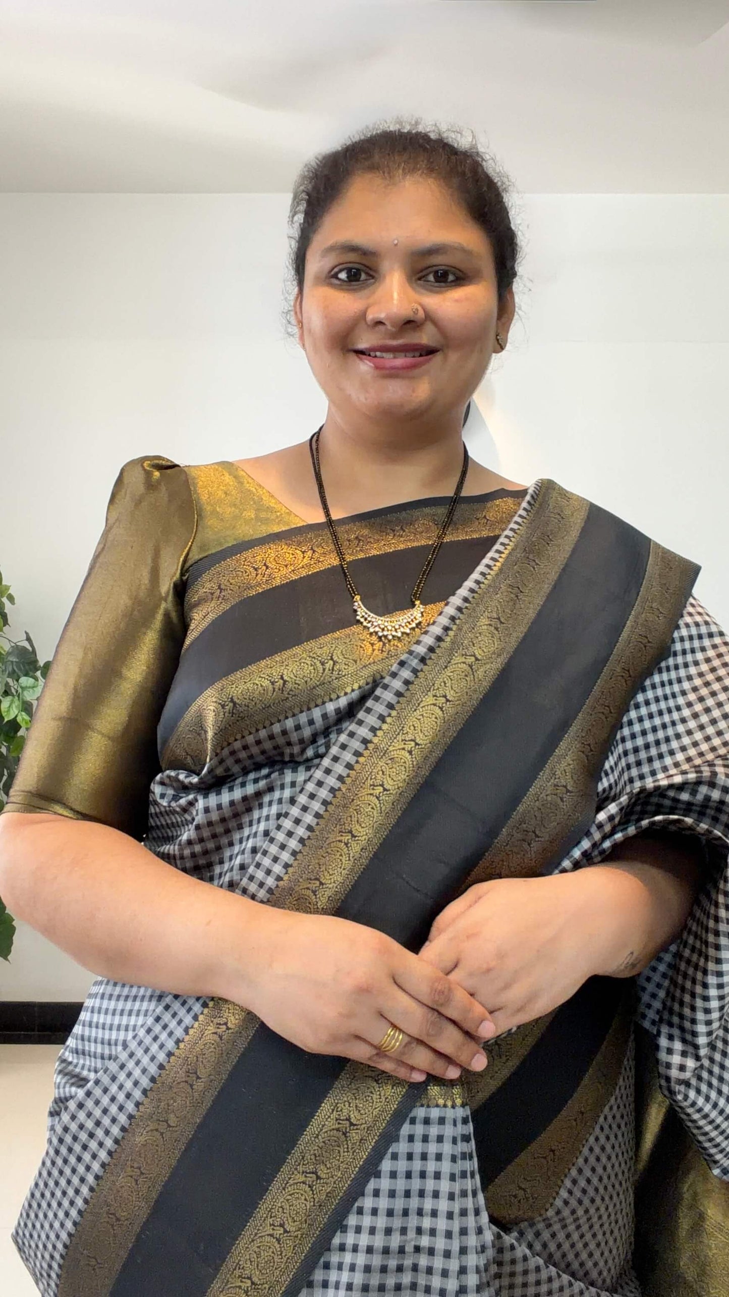 Elegant Black & Grey Checked Katan Silk Saree