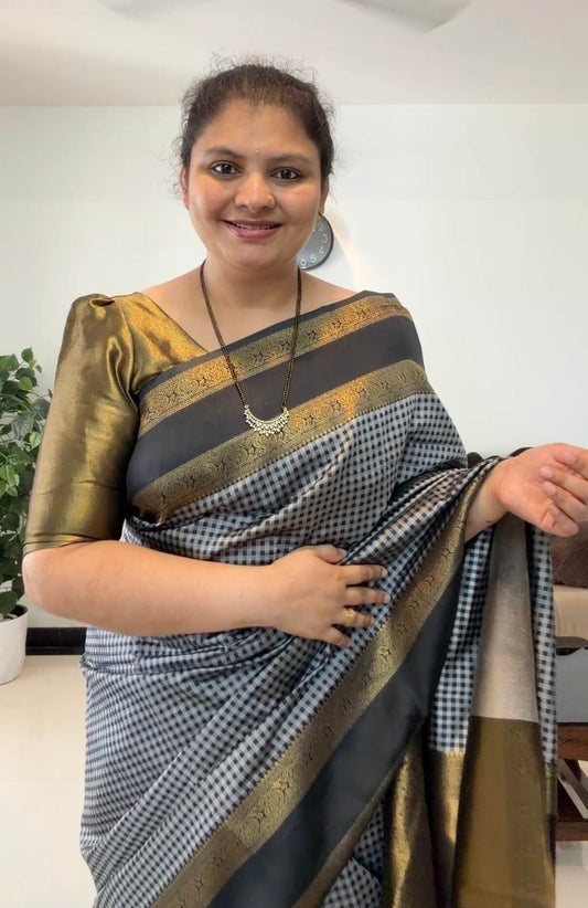 Elegant Black & Grey Checked Katan Silk Saree