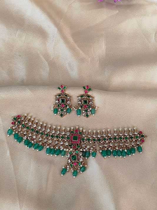 Jadau Kundan Choker Set with Emerald Drops & Earrings