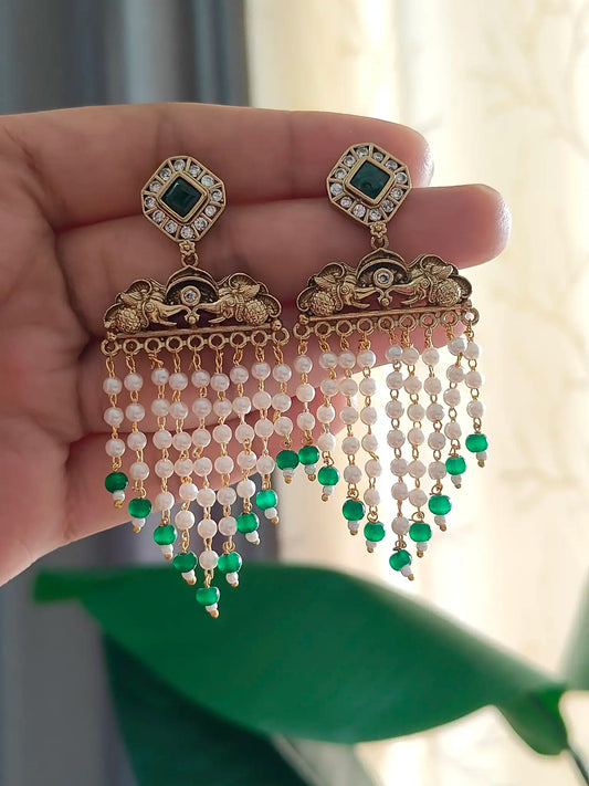 Elephant Motif Temple Earrings with Pearl & Green Bead Drops code - 176