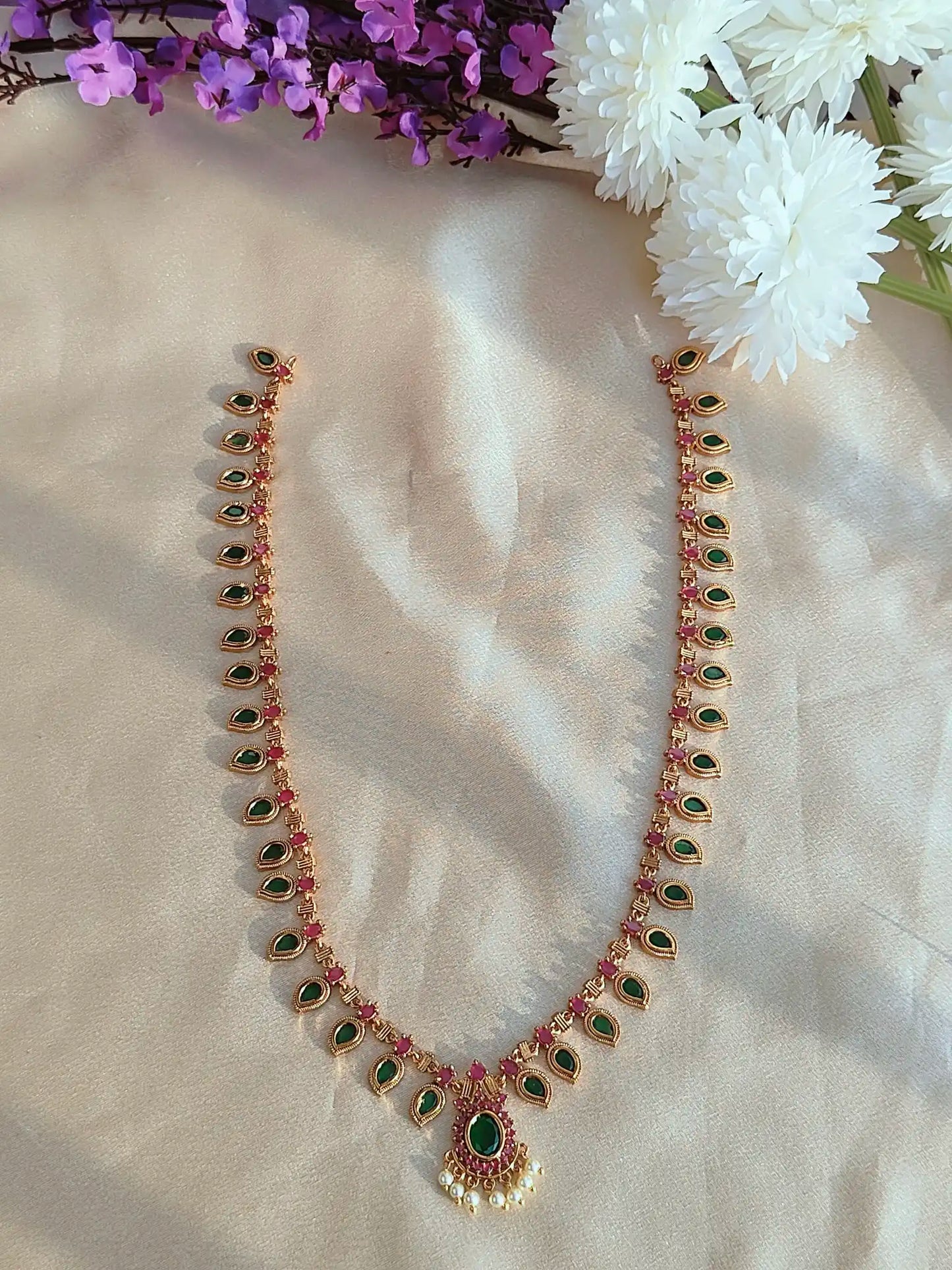 Long Palakkad Maala – Green & Pink Kemp Stones- pm0021