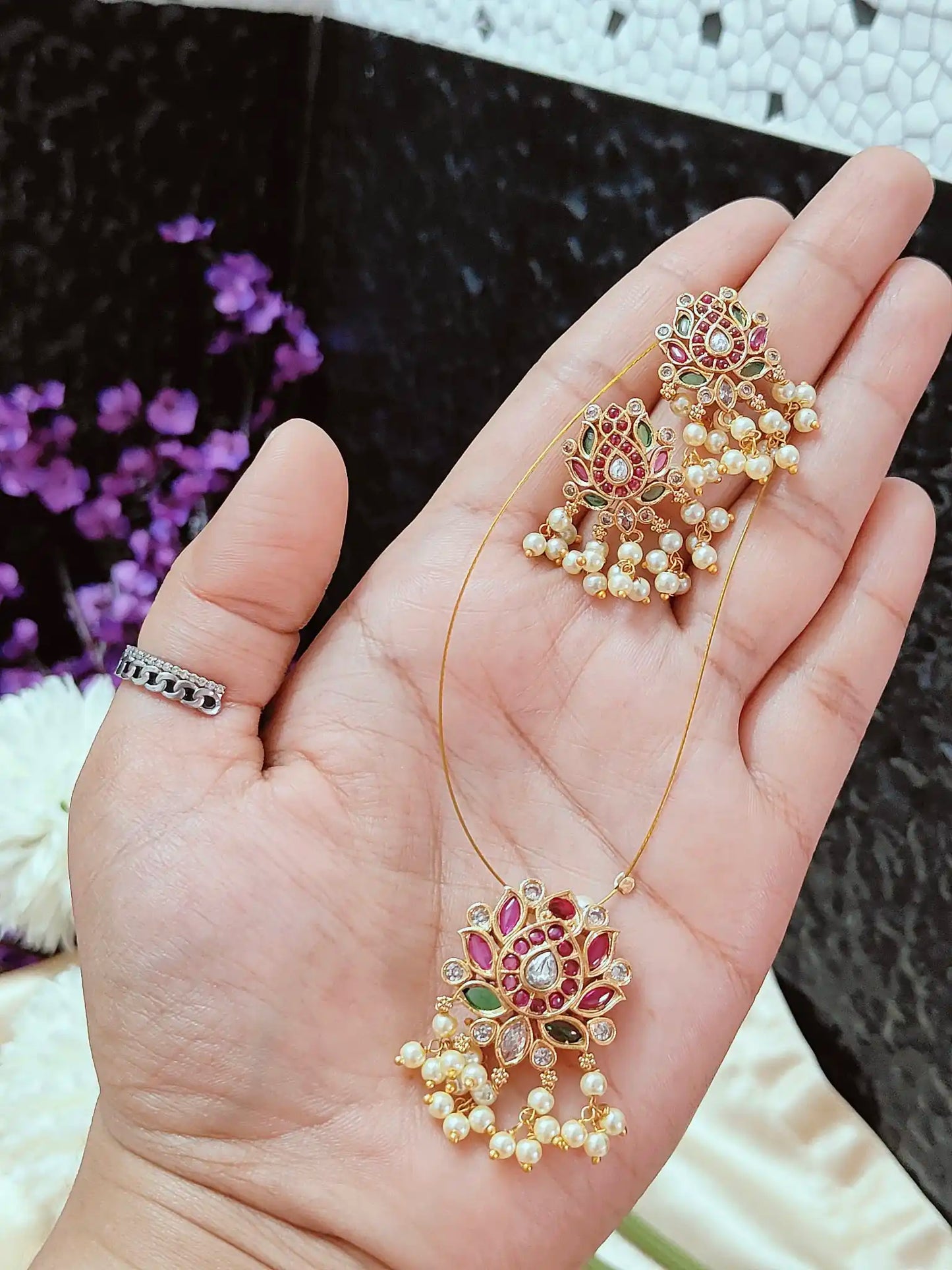 Elegant Kundan Floral Pendant with Invisible Chain & Pearl Drops - ivc0022