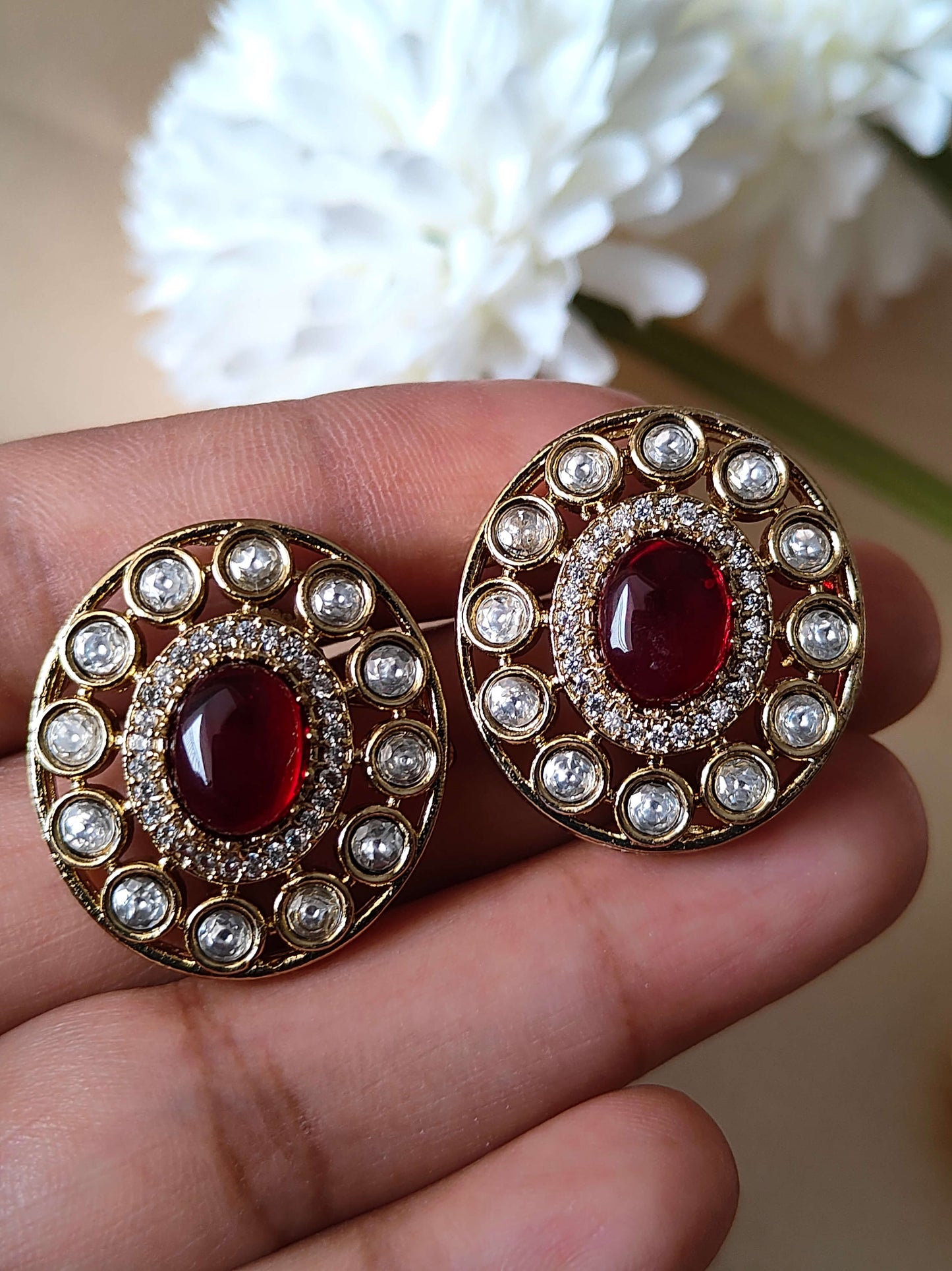 Elegant Round Ruby and Diamond Stud Earrings