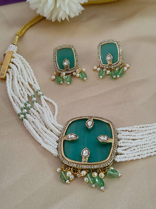 Elegant Green Kundan Choker Necklace Set with Pearl Beads