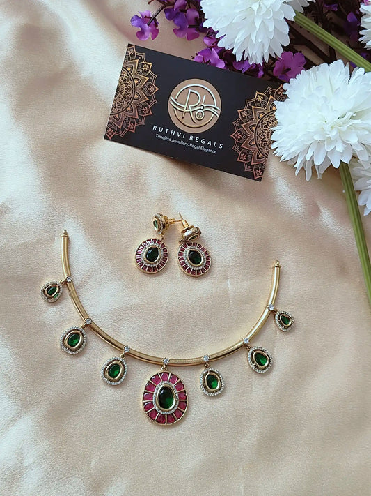 Royal Green Stone Necklace Set with Ruby Halo Accents - hn0021