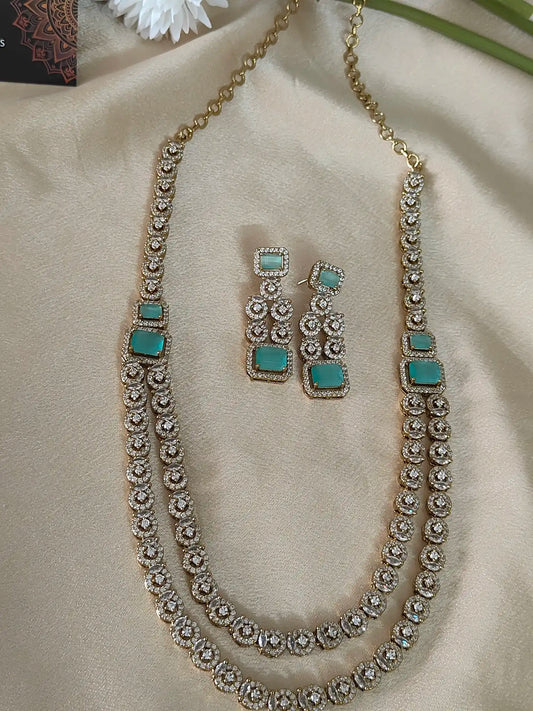 Dual Layer AD Stone Necklace Set with Blue Accents.                Code - 145
