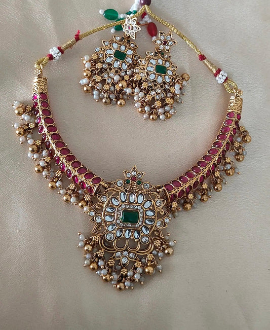 Royal Ruby-Green Temple Necklace Set.                                   Code - 137