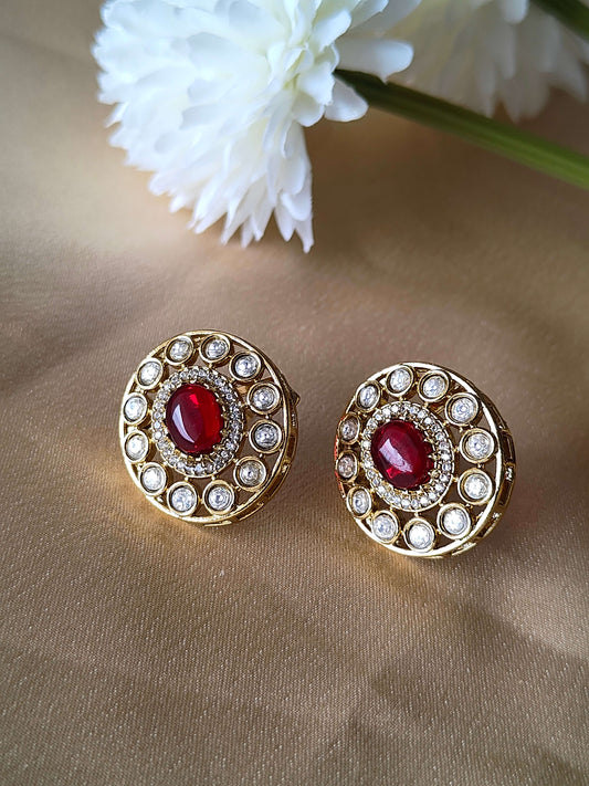 Elegant Round Ruby and Diamond Stud Earrings