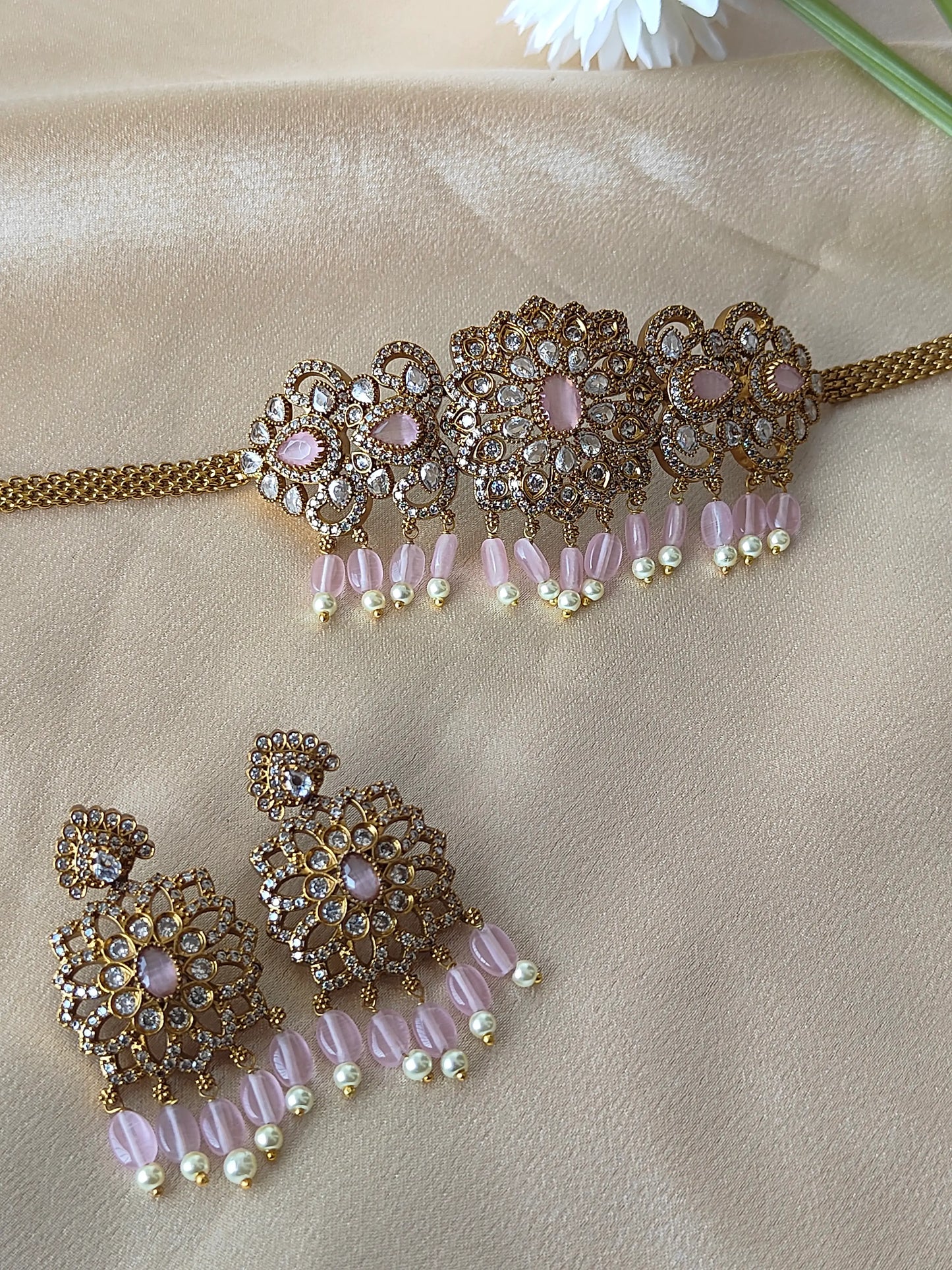 Elegant Gold-Toned Choker & Earring Set with Pink Beads.