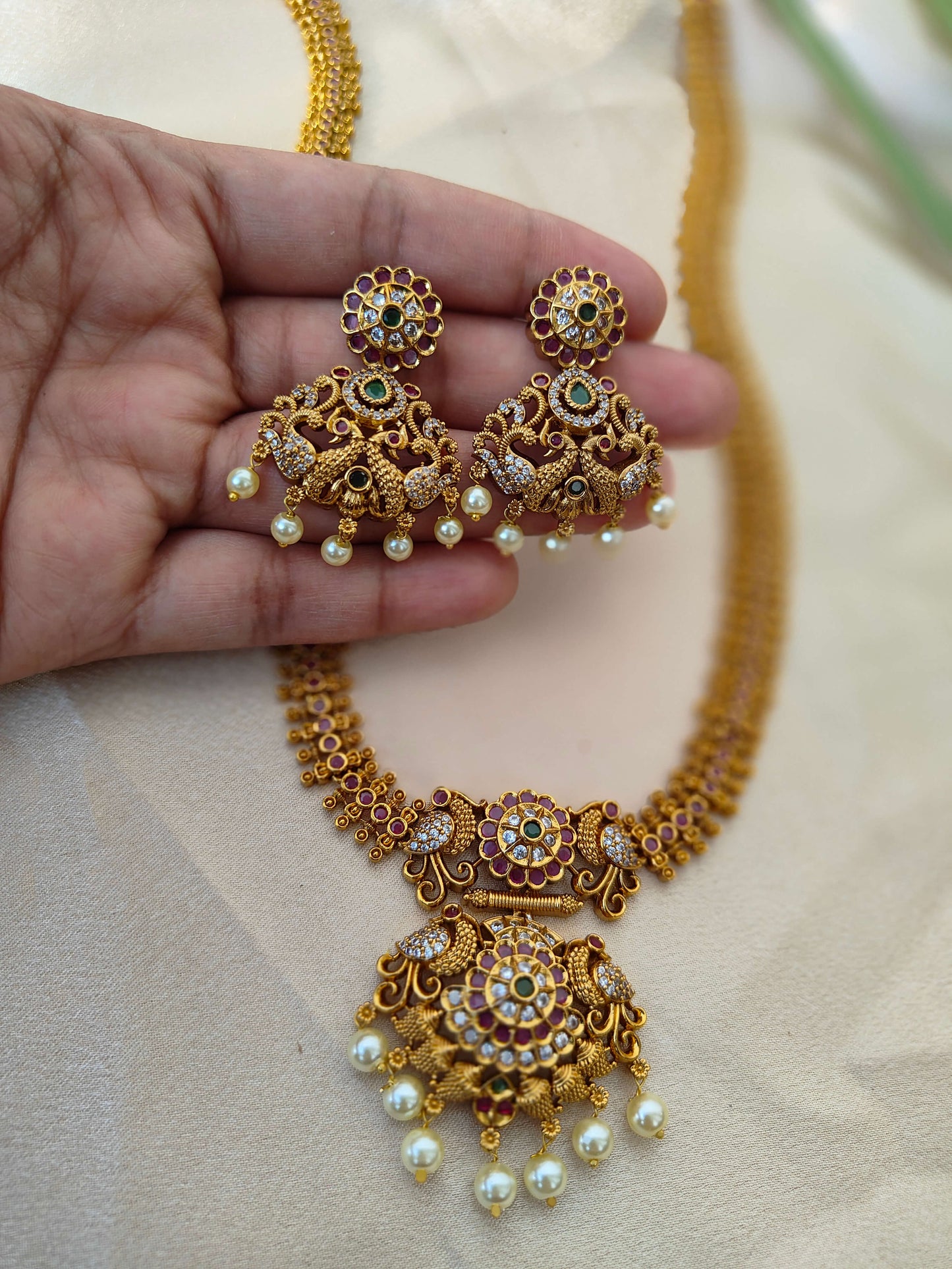 Premium Antique Temple long haaram Set with Lakshmi Motif and Pearl Drops