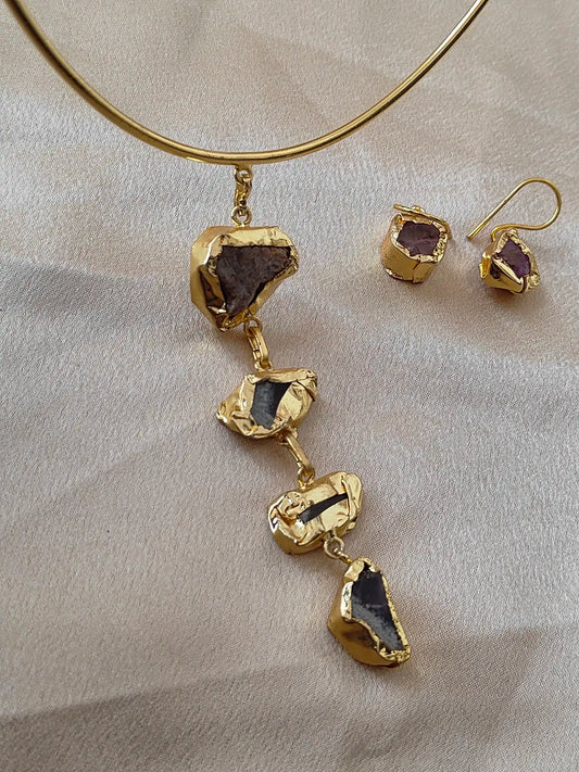 Raw Stone Gold Finish Statement Necklace Set