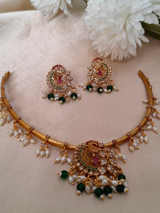 Traditional Temple Jewellery Peacock Necklace Set c - hn0026