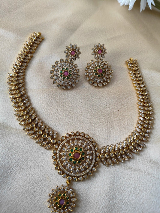 Elegant Gold-Plated Floral Necklace & Earring Set with CZ, Pink & Green Stones - gn0021
