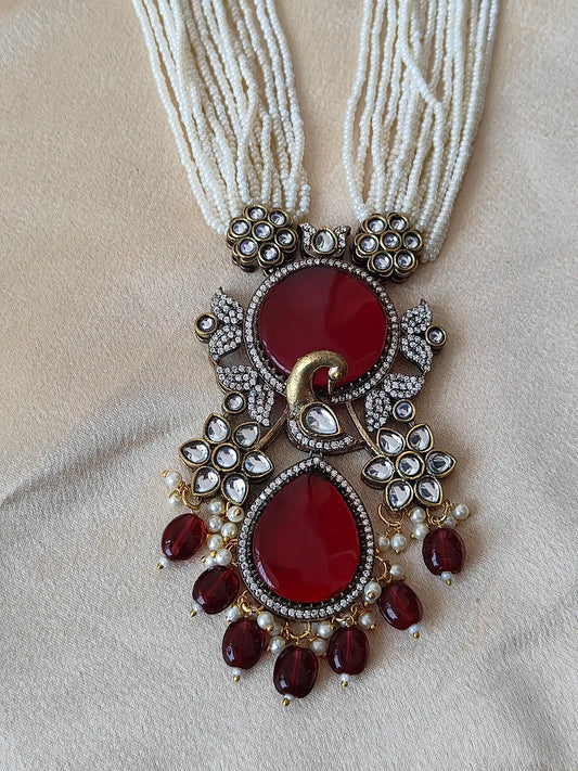 Royal Ruby Red Stone & Pearl Multistrand Necklace Set