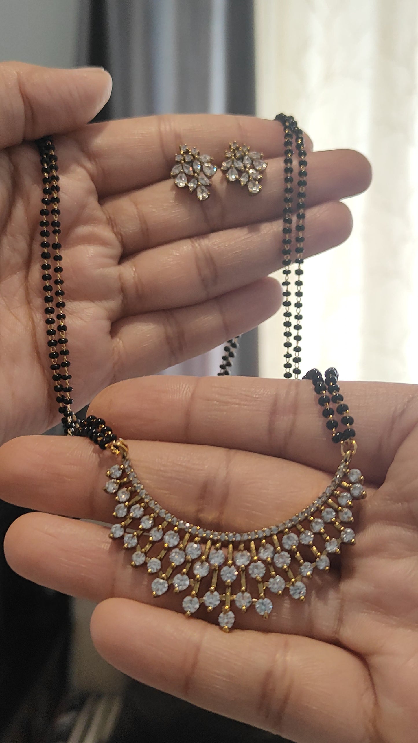 Elegant Diamond-Finish Mangalsutra with Floral Studs c - 198