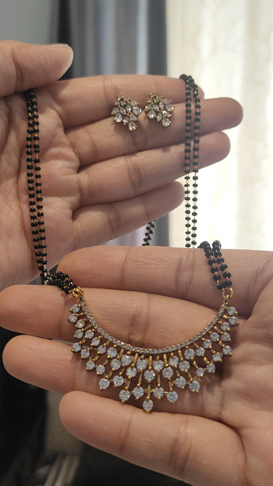 Elegant Diamond-Finish Mangalsutra with Floral Studs c - 198