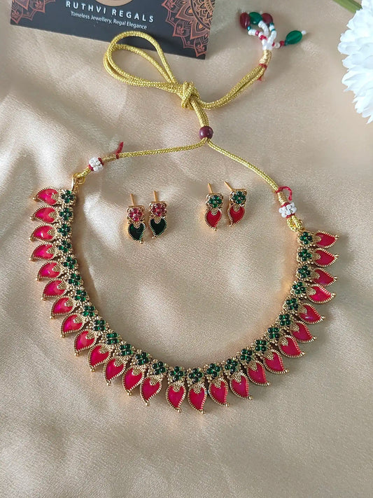 Dual-Side Reversible Necklace Set – Pink & Green with 2 Matching Earring Pairs