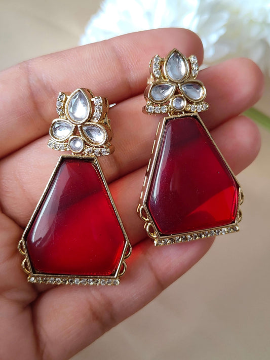 Premium Regal Red Kundan-Style Drop Earrings