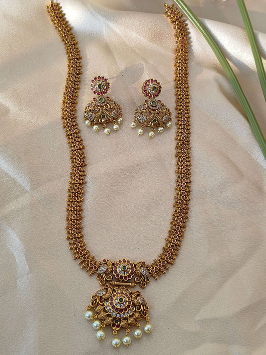 Premium Antique Temple long haaram Set with Lakshmi Motif and Pearl Drops
