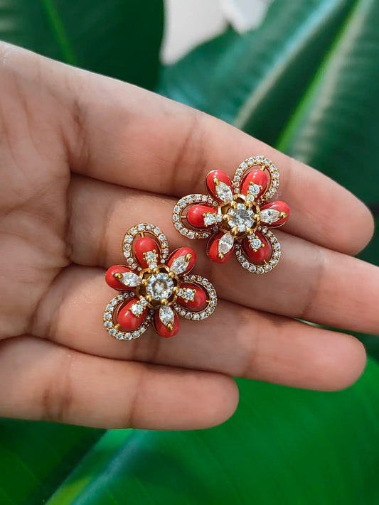 Coral-Inspired Red Floral Stud Earrings.                                        Code - 161