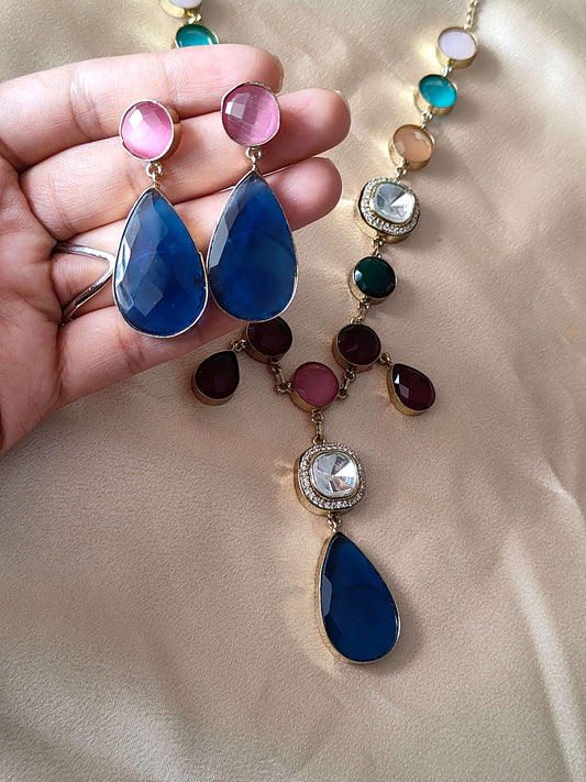 Elegant Multicolor Kundan Necklace Set with Blue Stone Drops