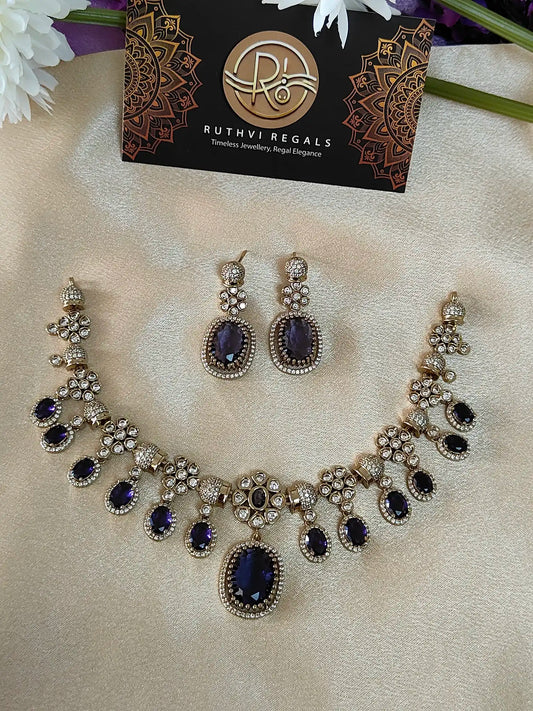 Victorian Mehndi Polish Emerald & Purple AD Necklace Set