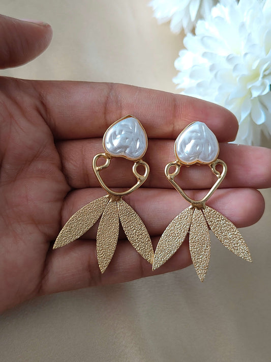 Heart Pearl and Textured Leaf Drop Earrings