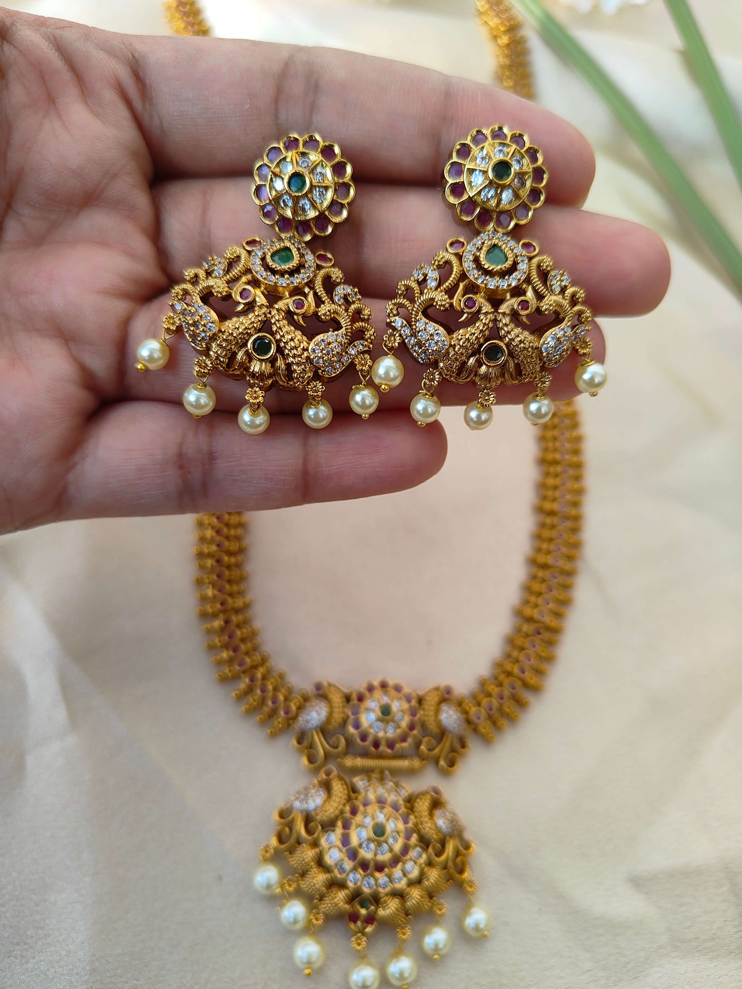 Premium Antique Temple long haaram Set with Lakshmi Motif and Pearl Drops
