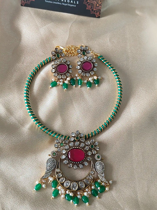 Peacock Inspired Kundan Necklace Set – Emerald & Ruby   
Code -131