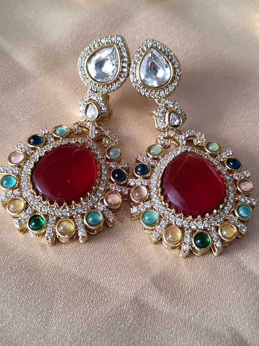 Royal Red Kundan Chandbali Earrings with Multicolor Stone Accents