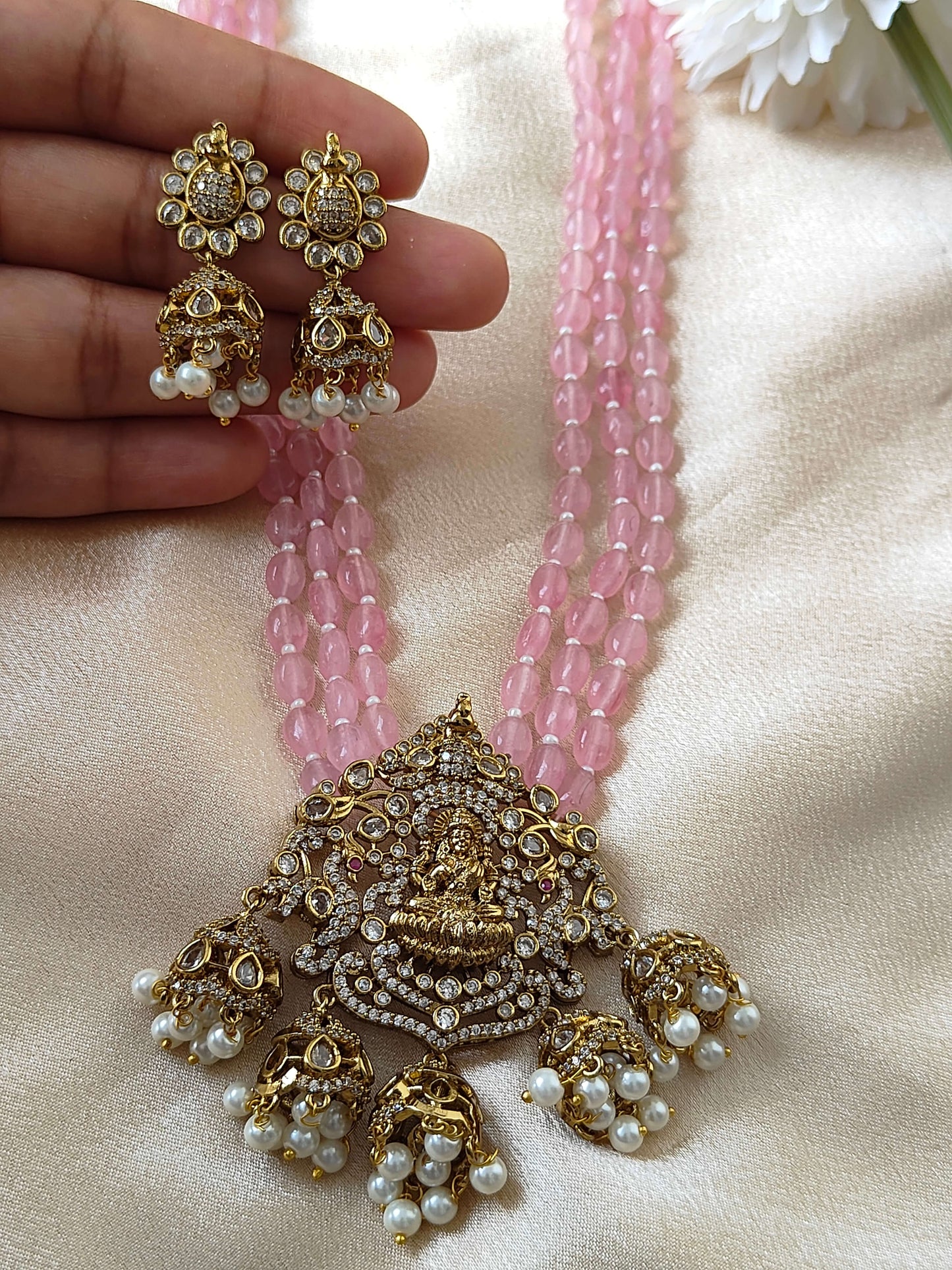 Lakshmi Temple Jewelry Set – Pink Beads.