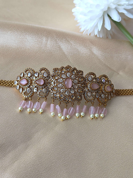 Elegant Gold-Toned Choker & Earring Set with Pink Beads.